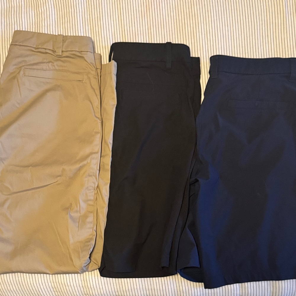 Set of Three.  Lulu Men's Pants - Tan.  Lulu men’s shorts Black, and Navy
